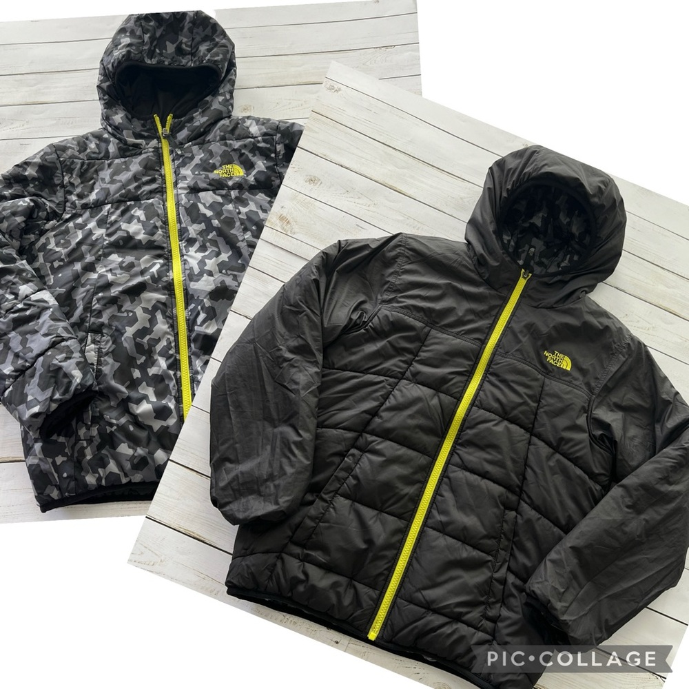 The North Face Reversible Hooded Puffer Jacket Sz L (14/16) Black/Grey Camo
